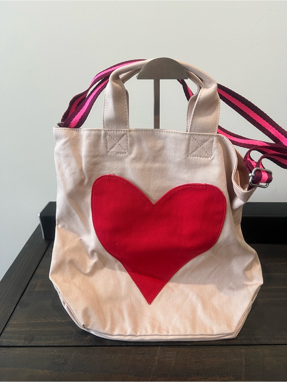Stella & Dot Cream Canvas Tote with Red Heart and Pink Strap